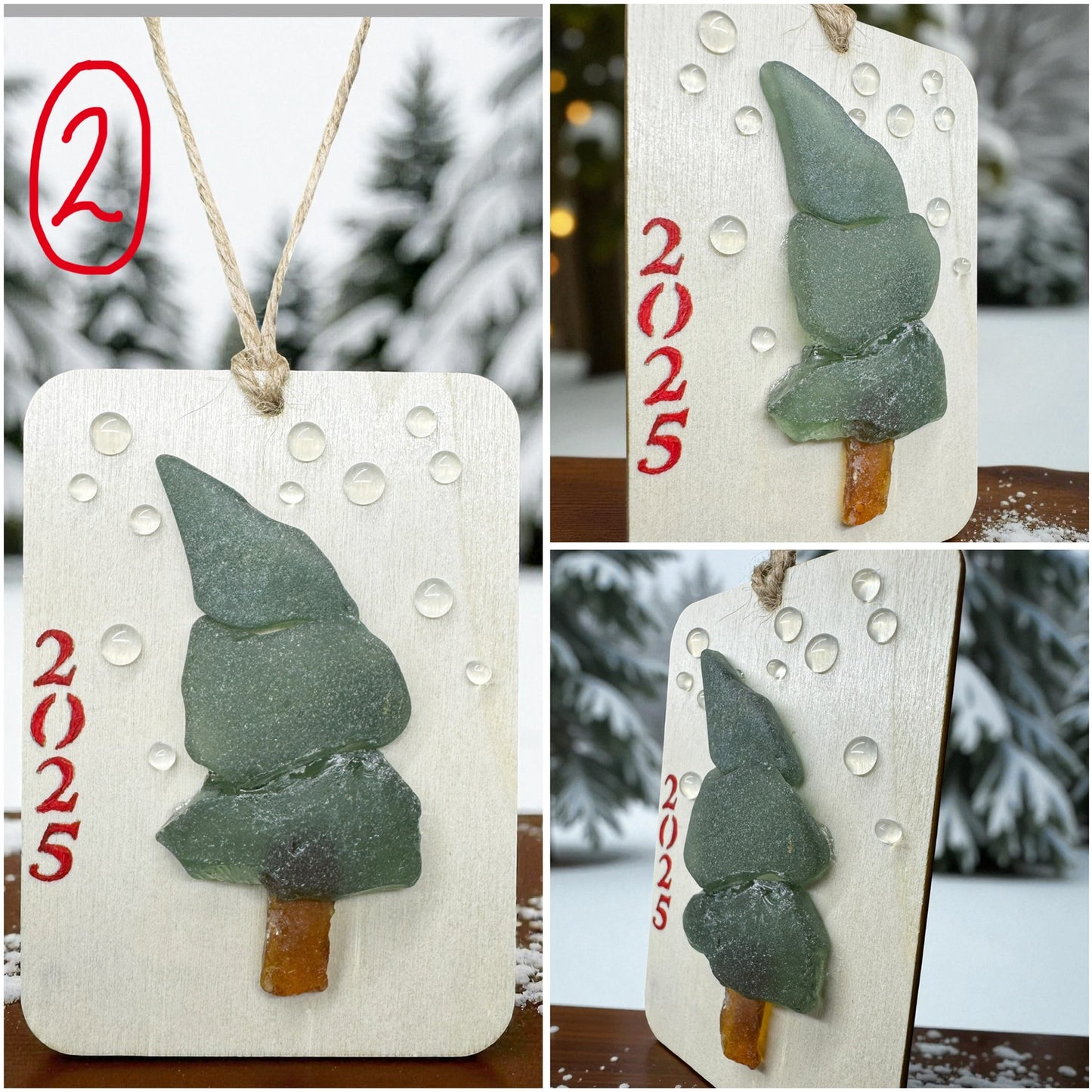 (6) Vintage Sea Glass Christmas Tree Ornament - Wall Hanging Decoration 2.5x3.5