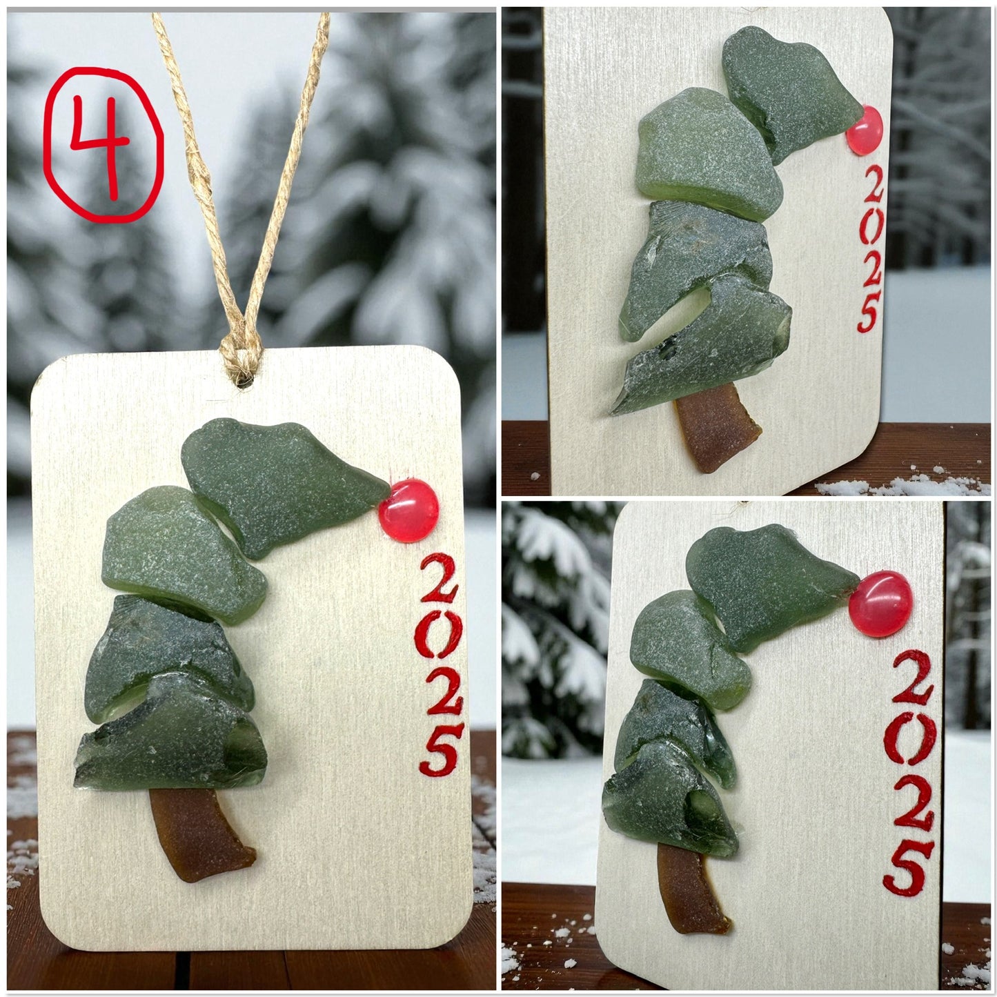 (6) Vintage Sea Glass Christmas Tree Ornament - Wall Hanging Decoration 2.5x3.5