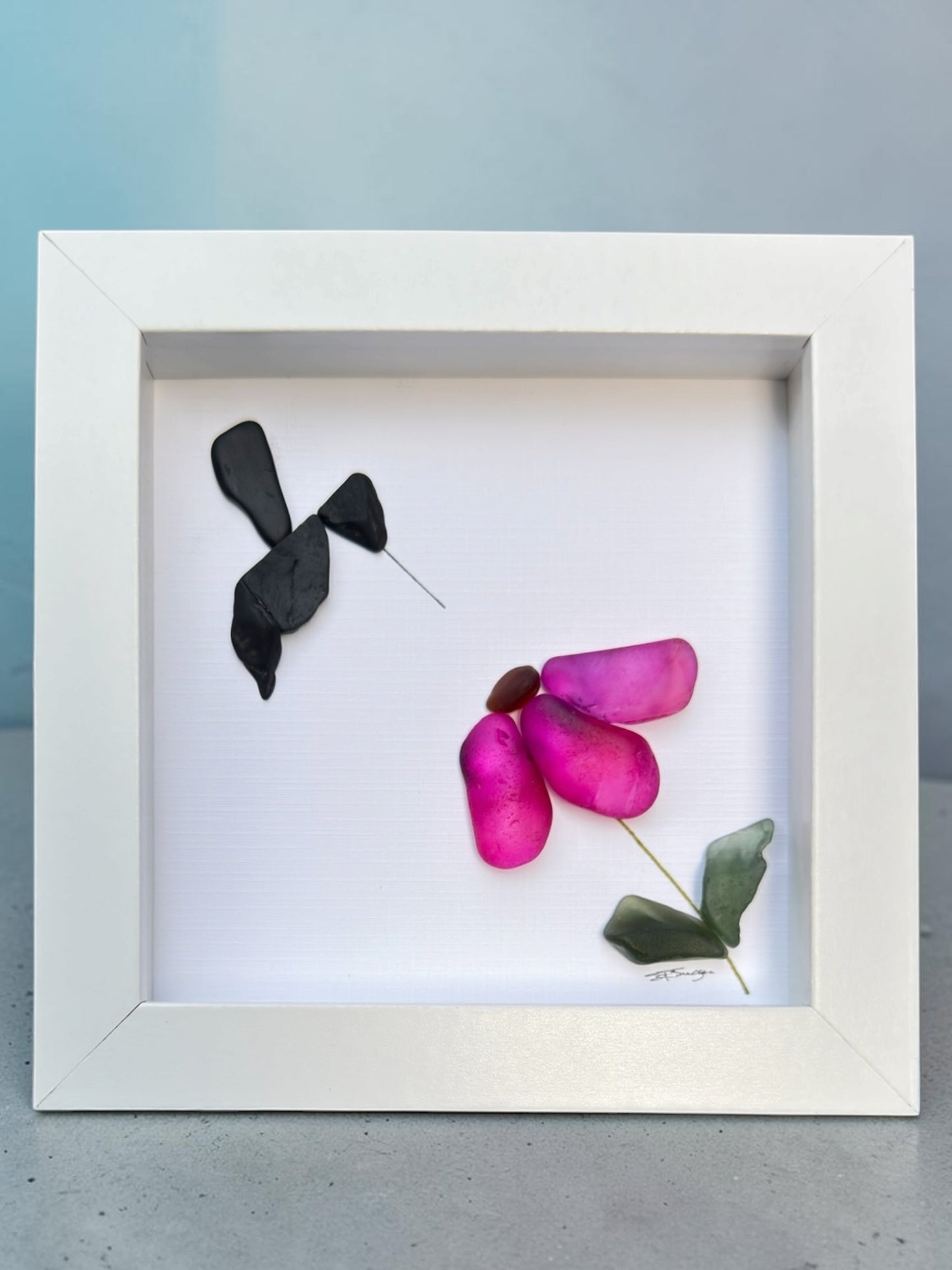 Pink Flower & Stone Hummingbird Art