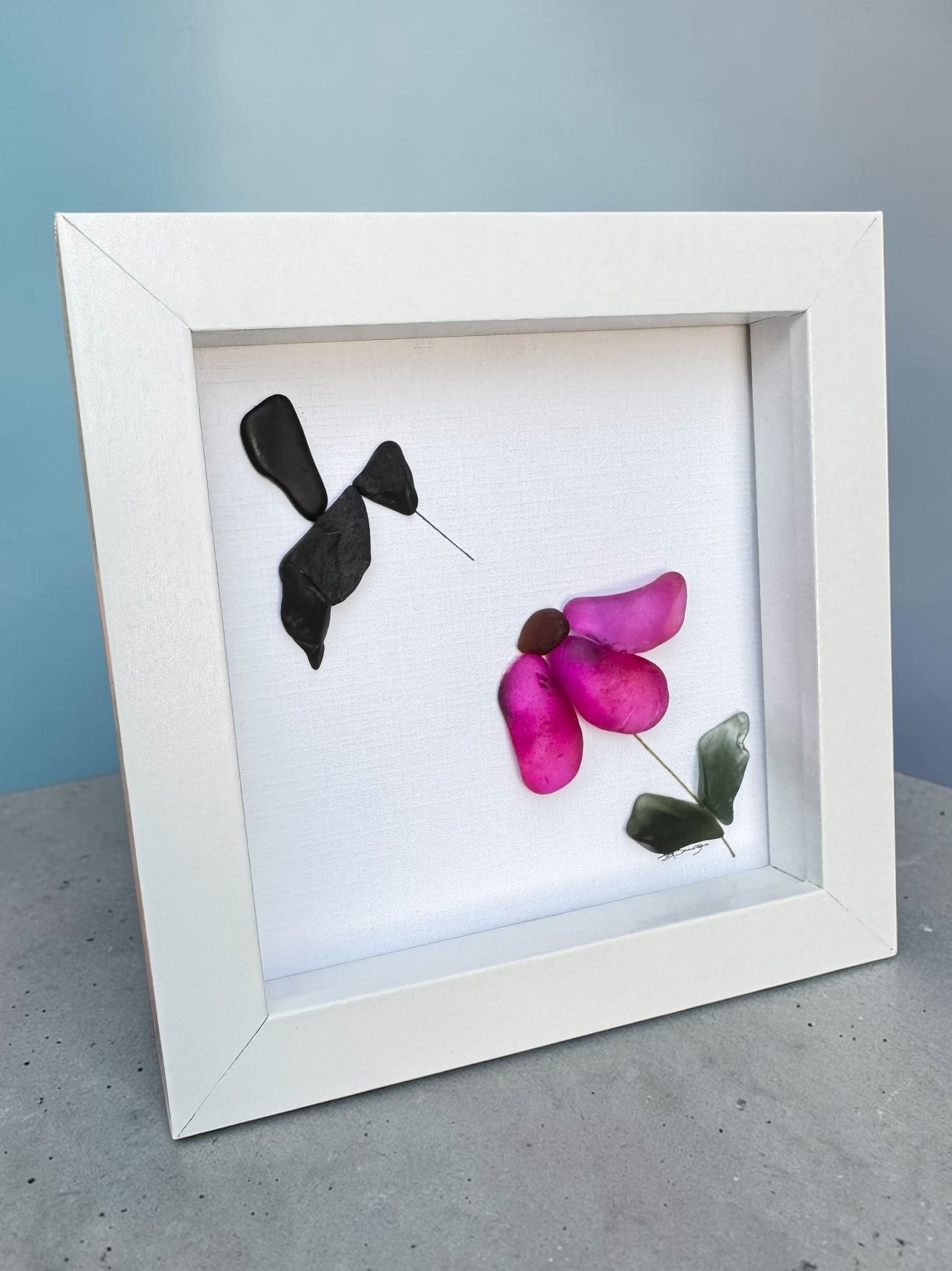 Pink Flower & Stone Hummingbird Art