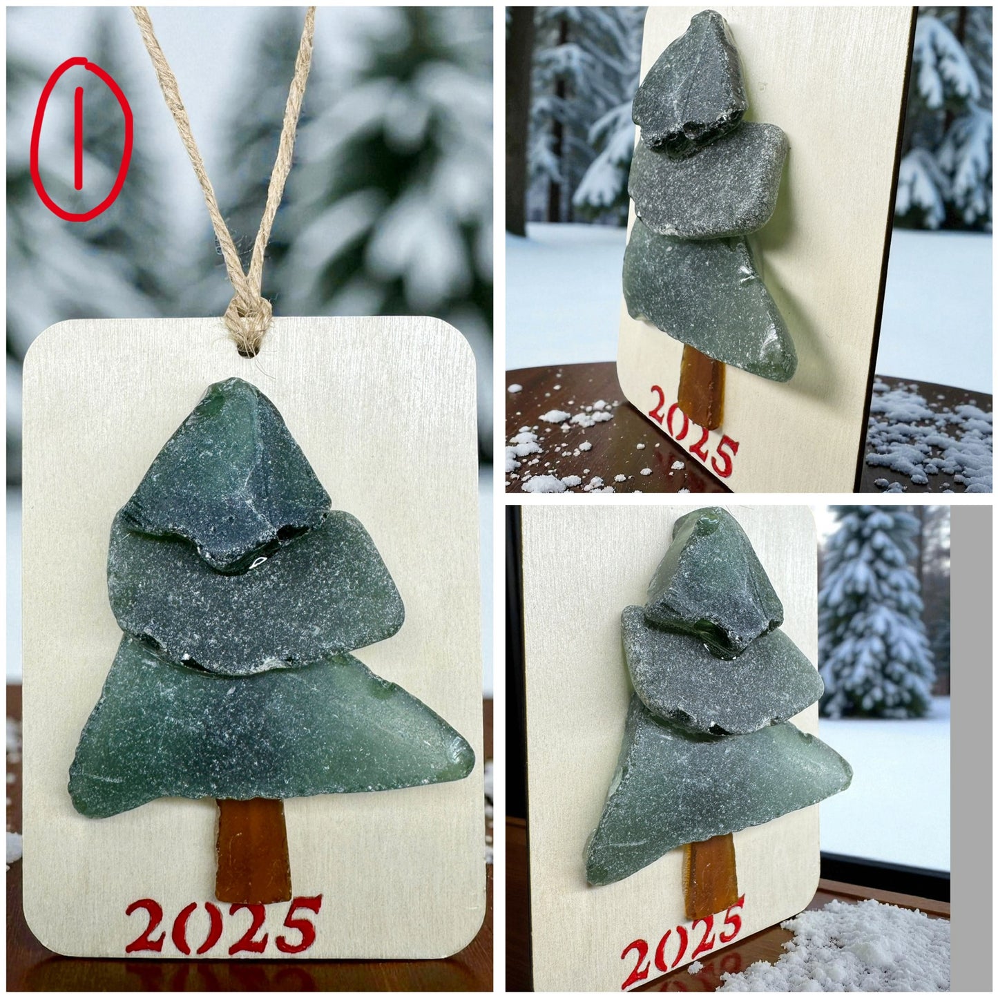 (6) Vintage Sea Glass Christmas Tree Ornament - Wall Hanging Decoration 2.5x3.5