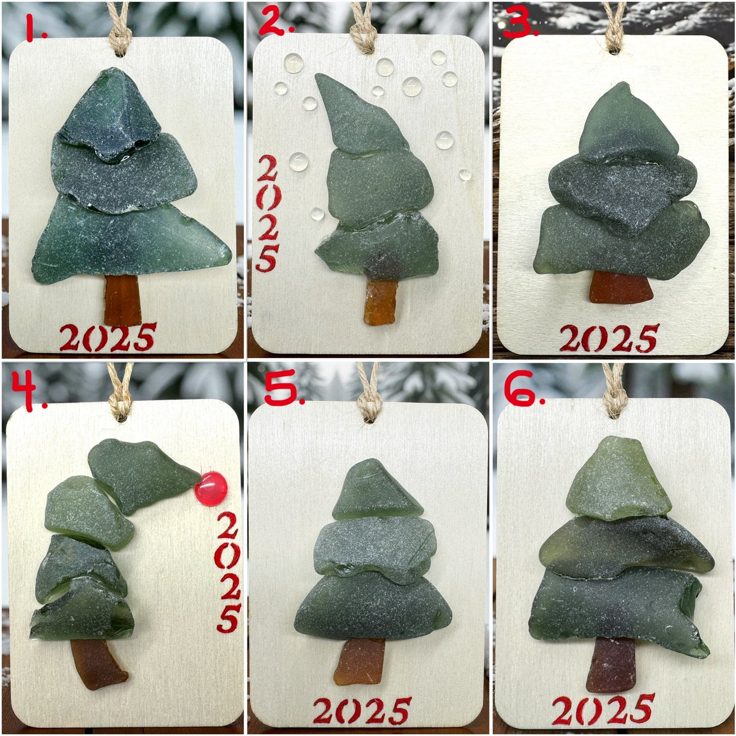 (6) Vintage Sea Glass Christmas Tree Ornament - Wall Hanging Decoration 2.5x3.5