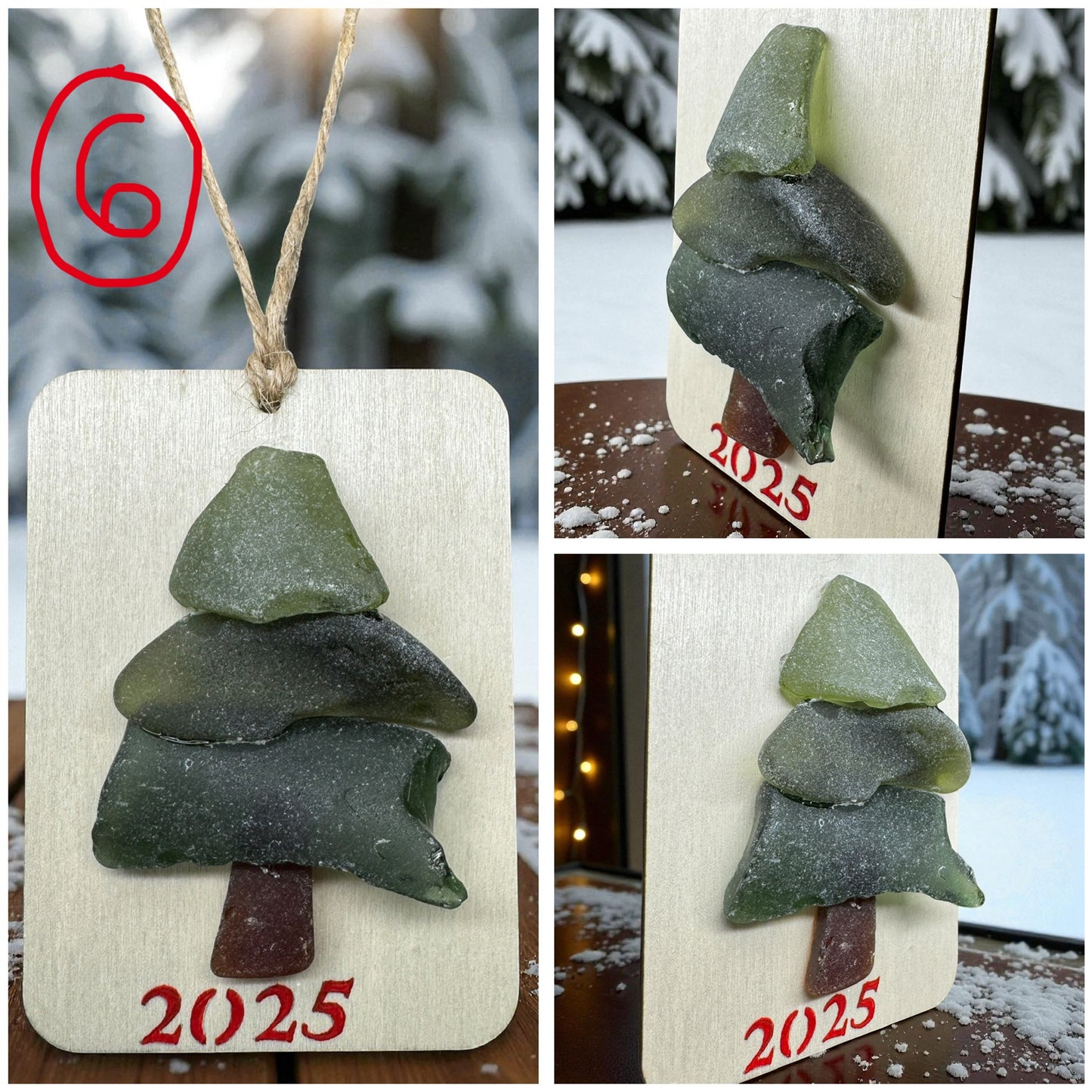(6) Vintage Sea Glass Christmas Tree Ornament - Wall Hanging Decoration 2.5x3.5