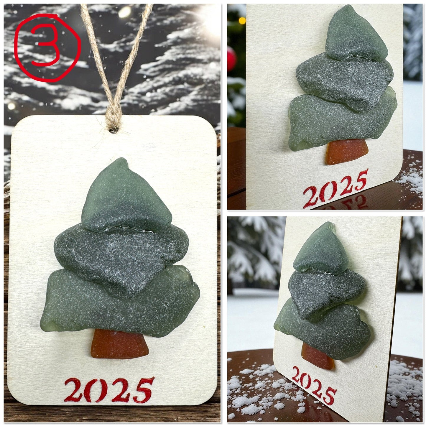 (6) Vintage Sea Glass Christmas Tree Ornament - Wall Hanging Decoration 2.5x3.5