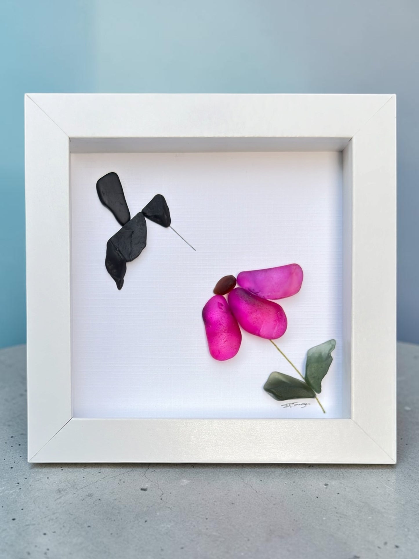 Pink Flower & Stone Hummingbird Art