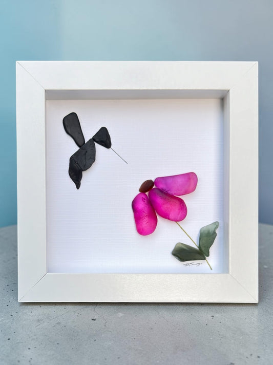 Pink Flower & Stone Hummingbird Art