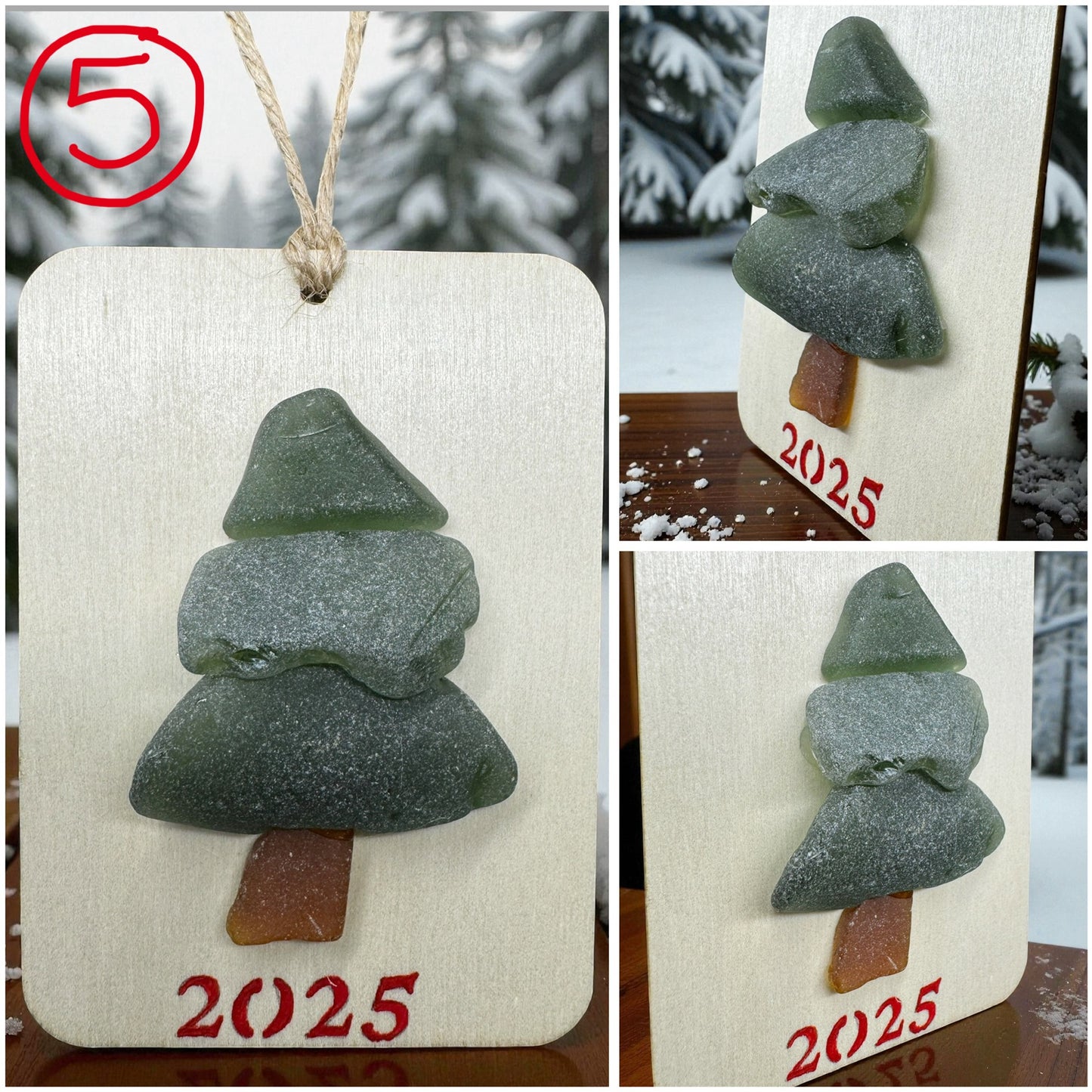 (6) Vintage Sea Glass Christmas Tree Ornament - Wall Hanging Decoration 2.5x3.5